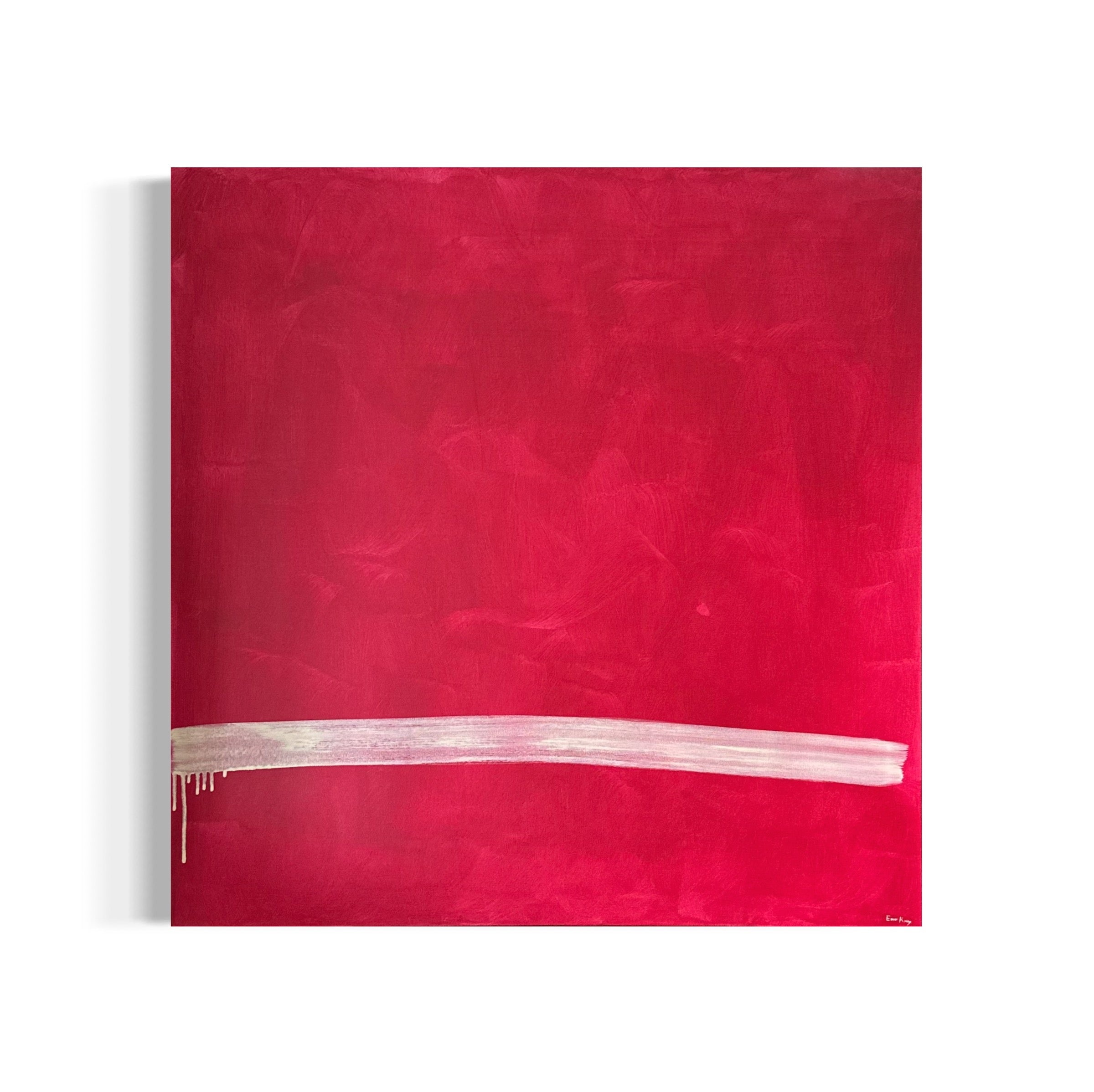 Abstract painting with a red background and white stripe